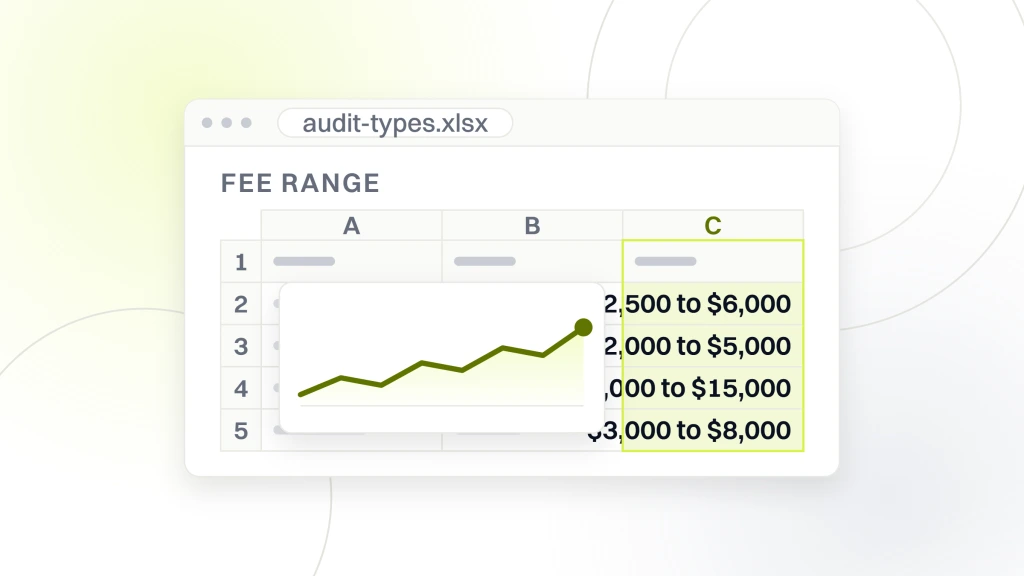 Search Engine Optimization Audit Services. A spreadsheet export window titled audit-types.xlsx with a read column headed fee range holding $2,500 to $6,000, $2,000 to $5,000, $5,000 to $15,000 and $3,000 to $8,000.