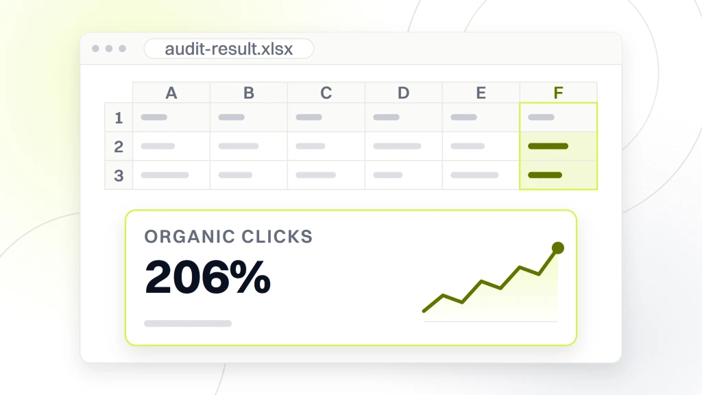 SEO audit service. A spreadsheet window with a small grid above and one cell magnified onto a card below, reading organic clicks, 206%, year over year at peak, beside an area chart.
