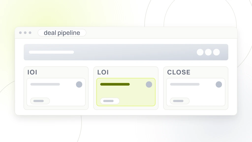 Selling Dental Practice to DSO. A pipeline board with three stage columns named ioi, loi and close, each holding deal cards, one card in the loi column marked as the one being worked.