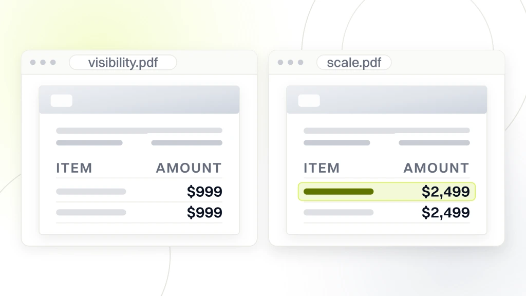 Food and beverage SEO consultants. Two document viewer windows side by side, the left listing visibility band lines at $999, the right listing scale band lines at $2,499 with the first line highlighted.