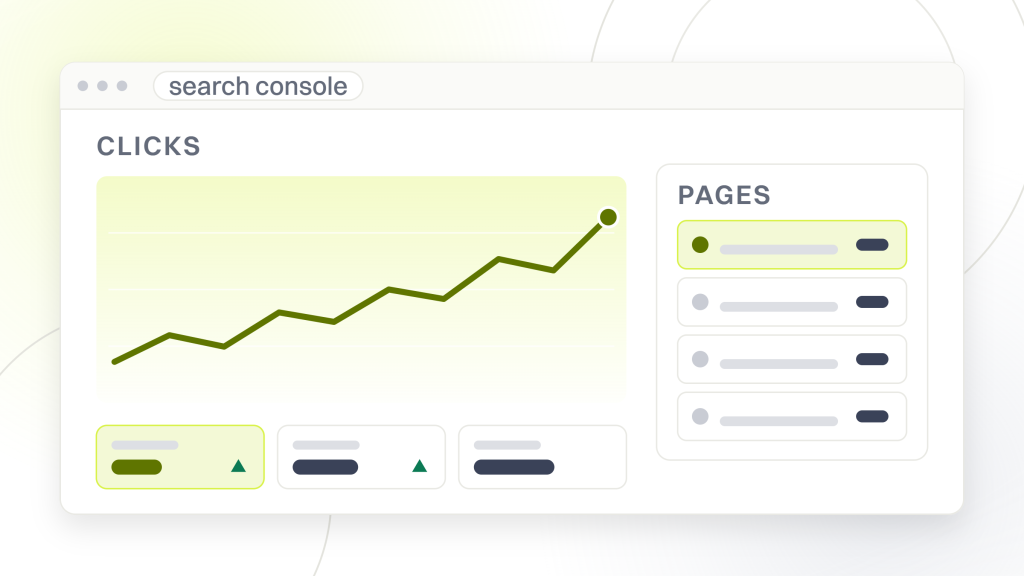 SEO for a new website. A search console window with a clicks chart on one side and a page table on the other, above three metric tiles, the screen watched through the weeks after a launch.