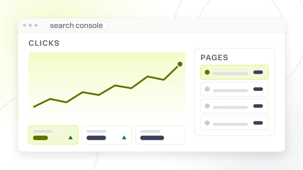 SEO for a new website. A search console window with a clicks chart on one side and a page table on the other, above three metric tiles, the screen watched through the weeks after a launch.