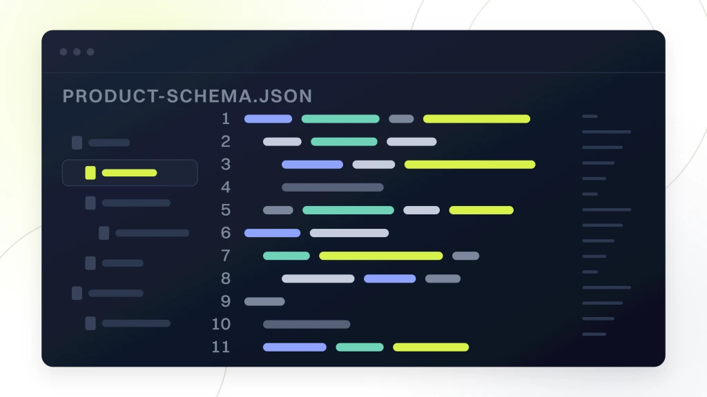 SEO for Ecommerce Product Pages. A dark code editor pane with its traffic lights and a file tree beside it, eleven lines of code drawn as colored token runs.