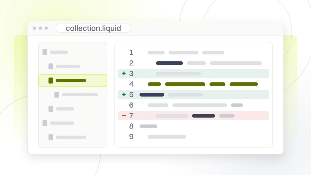 A code editor with a file tree down the left and a pane of nine code lines, a diff gutter marking two additions and one deletion, one line highlighted, from a guide to SEO for Ecommerce Product Pages.