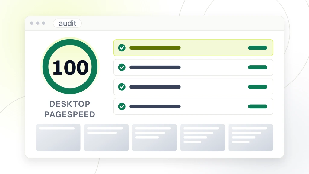 SEO Friendly WordPress Website Development. An audit window showing a score dial reading 100 labeled desktop pagespeed, four passing metric rows beside it and a filmstrip of render frames underneath.