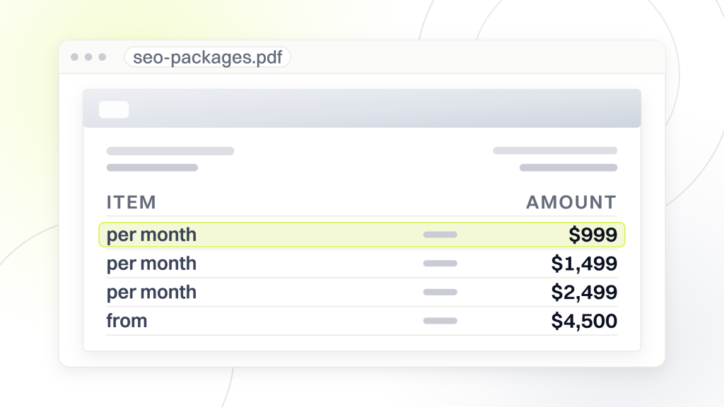 Bespoke SEO. A package document in a viewer window listing four priced lines at $999, $1,499 and $2,499 a month and a further tier from $4,500, with the first line marked.