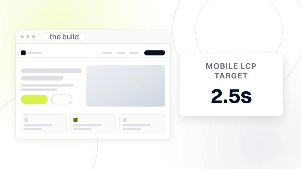 SEO Web Design and Development. A finished site in browser chrome with its navigation, hero photography and card row drawn out, and a card beside it reading 2.5s mobile LCP target.