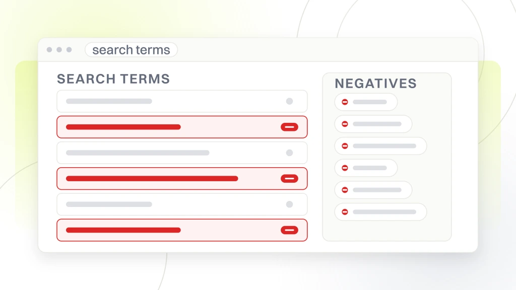 A search terms report listing six queries with their figures, three of them marked for exclusion as negative keywords, from a guide to google Ads Management for Chiropractors.