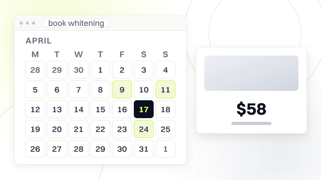 Teeth whitening ads. A booking window showing an April month grid beside a white card carrying a photographic band, the figure $58 and the words blended cost per booked session.