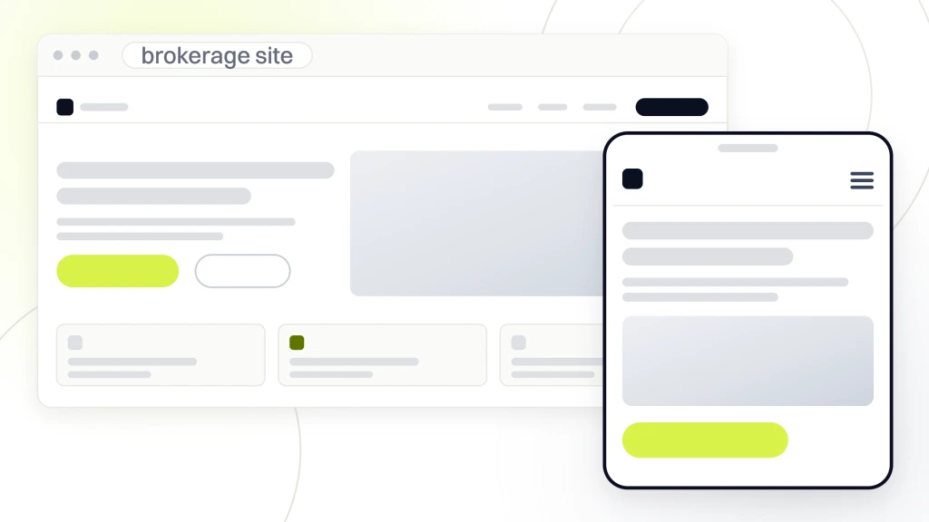 A brokerage website in browser chrome showing navigation, hero photography, a band and a row of property cards, with the same page drawn on a handset standing in front of it, from a guide to real Estate Website Design Trends.