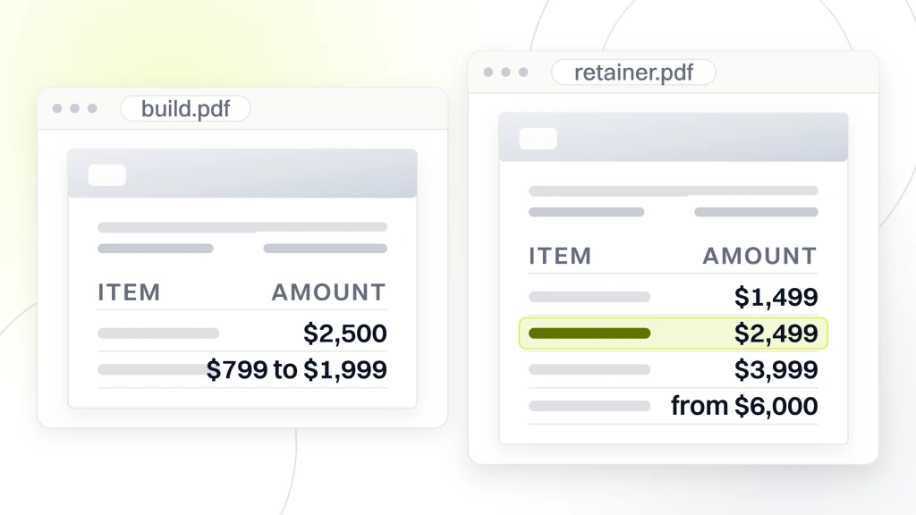 Two document viewer windows side by side, the left listing two build fees, the right listing four monthly retainer bands with the SMB line highlighted, from a guide to web Design for Beauty Entrepreneurs.
