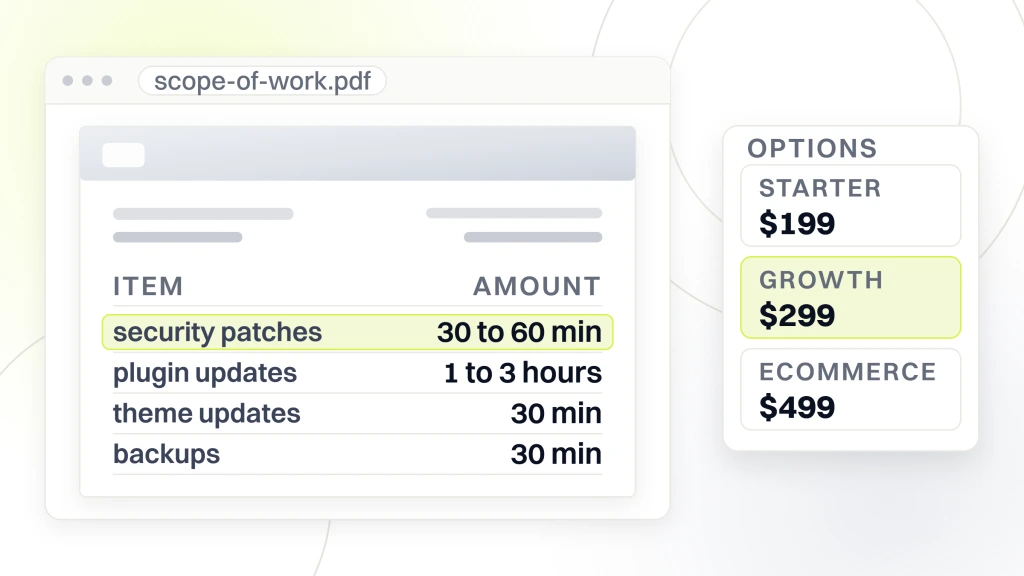 Website Maintenance Package. A scope of work document in a viewer listing security patches at 30 to 60 minutes, plugin updates at 1 to 3 hours, theme updates at 30 minutes and backups at 30 minutes, with an options card beside it holding the starter, growth and ecommerce tiers.
