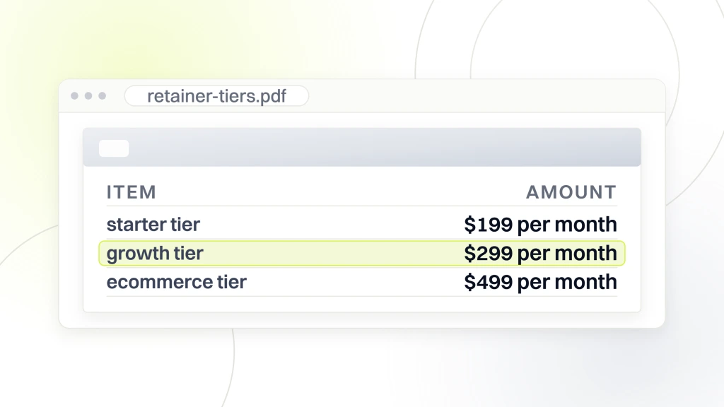 What should a website maintenance package include. A priced document open in a viewer with three lines reading starter tier $199 per month, growth tier $299 per month and ecommerce tier $499 per month, the growth line highlighted.