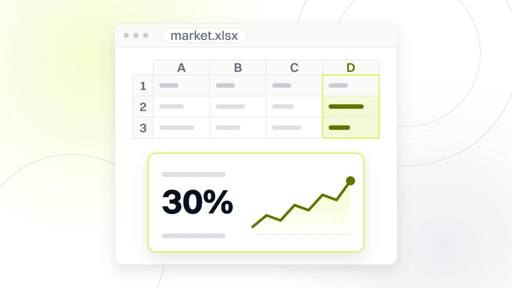 What is a dental DSO. A spreadsheet window with a small grid above and one cell magnified onto a card below, reading share of the market, 30%, 400 to 500 DSOs in 2026, beside an area chart.
