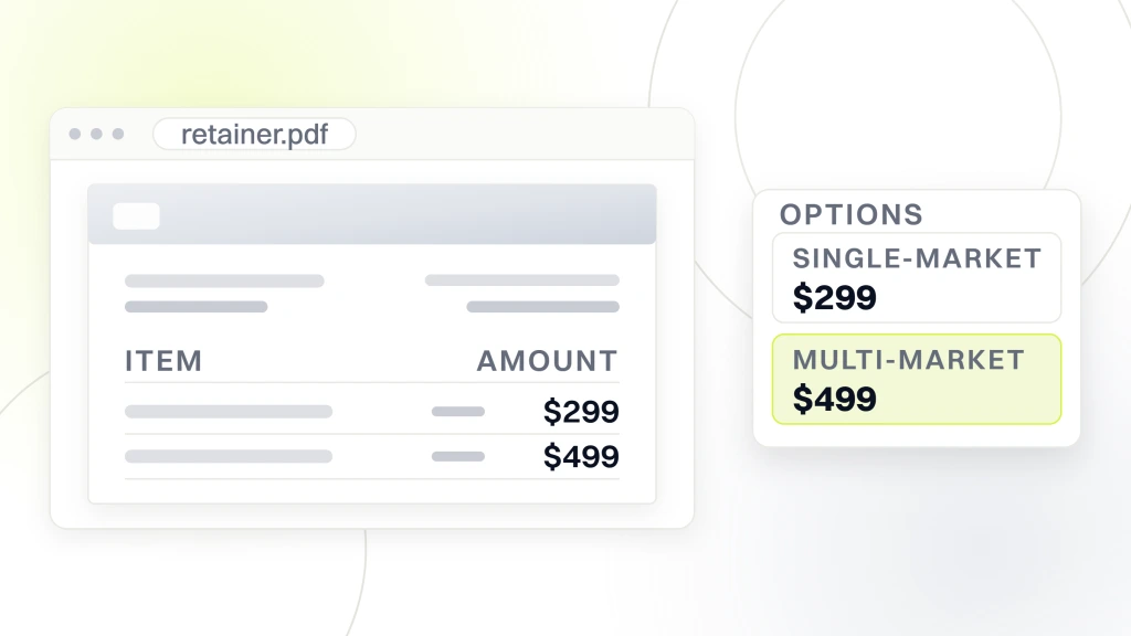 Commercial real estate website design agency. A document viewer window listing what each retainer covers, beside an options card holding the two monthly prices $299 and $499 with the multi-market tier selected.