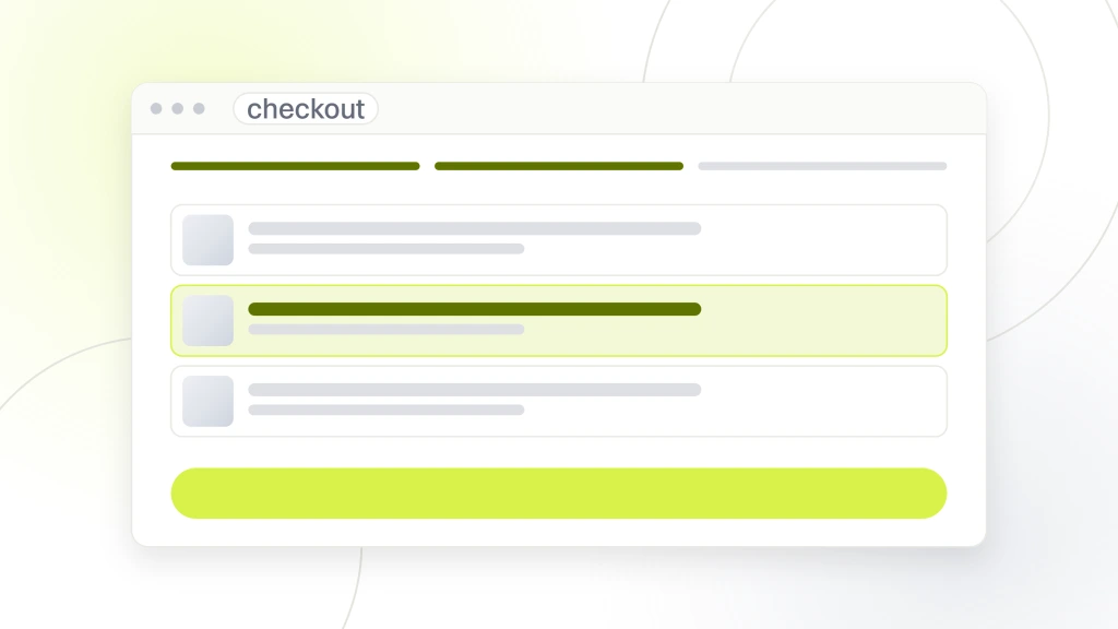 WordPress Ecommerce Website Development. A checkout window with a three step progress rail, the second step live, and three cart lines beside it with one line highlighted.