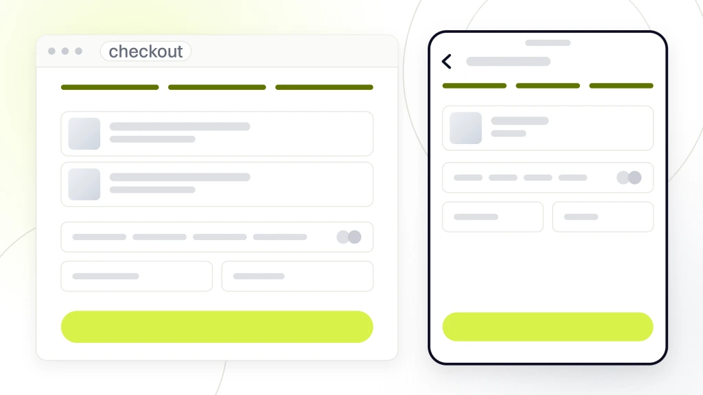 Woocommerce development. A checkout window showing the card entry step next to a handset stopped on the same payment screen, so the gateway step can be read on both.