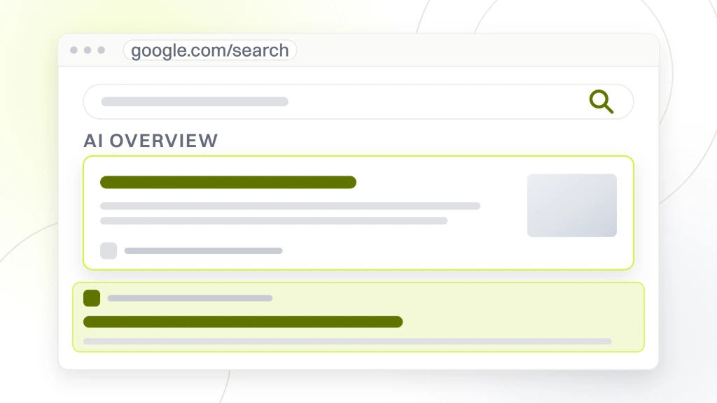 AI Search Engine Optimization Services. A search results page with an answer card at the top carrying a heading rule, several body rules and a source line, with two organic listings beneath it.