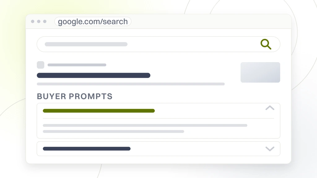 AI SEO services. A search results page with one listing at the top and a block of four questions beneath it, the first opened to show its answer.