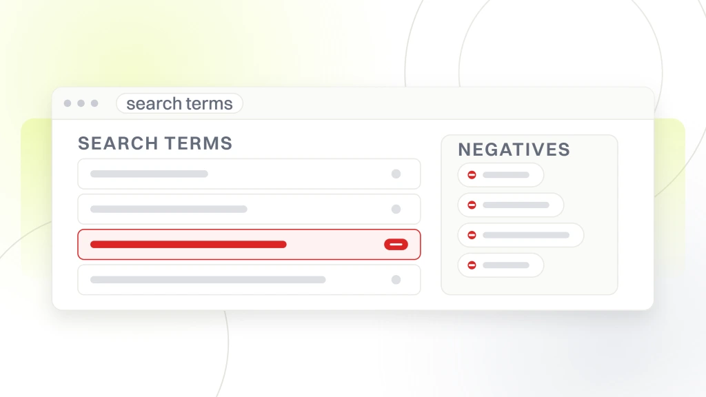An ads account window showing a four row search terms report beside the negative keyword chips it feeds, one term marked for exclusion, from a guide to best B2B SaaS PPC Agencies.