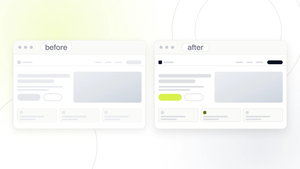 Dental PPC Landing Pages. Two browser windows side by side, the first a general homepage in dim furniture with a grey button, the second a dedicated landing page carrying photography and a lime call to action.