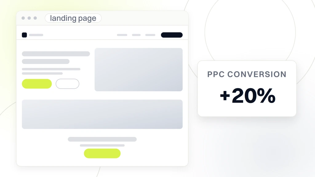 Dental landing pages. A rebuilt landing page in browser chrome with a phone build in front of it, beside a card reading +20% ppc conversion.