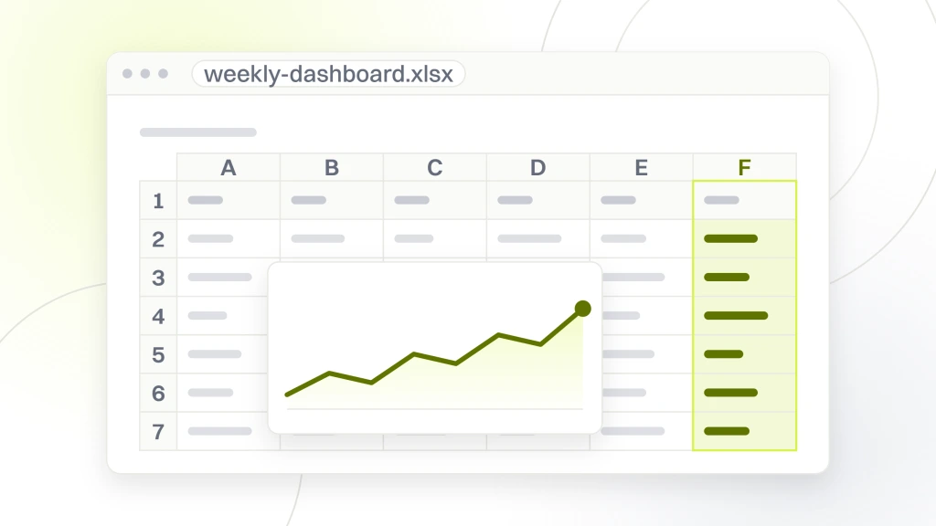 Food brand digital marketing. A spreadsheet export in a window, six columns of cells with a header strip and a small chart object sitting over the grid.