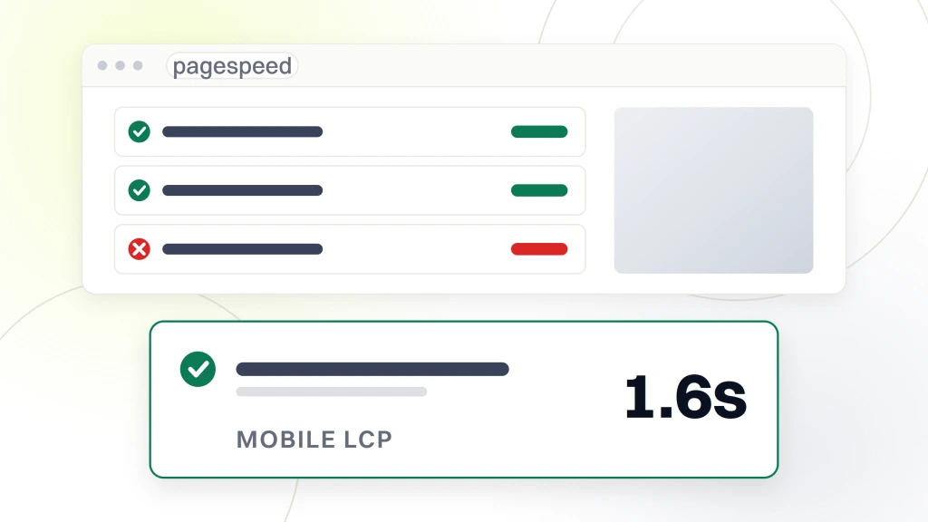 Food and Beverage Website Hosting. An audit report window with one measured value pulled out and magnified, reading 1.6s labeled mobile LCP, with metric rows beside it.