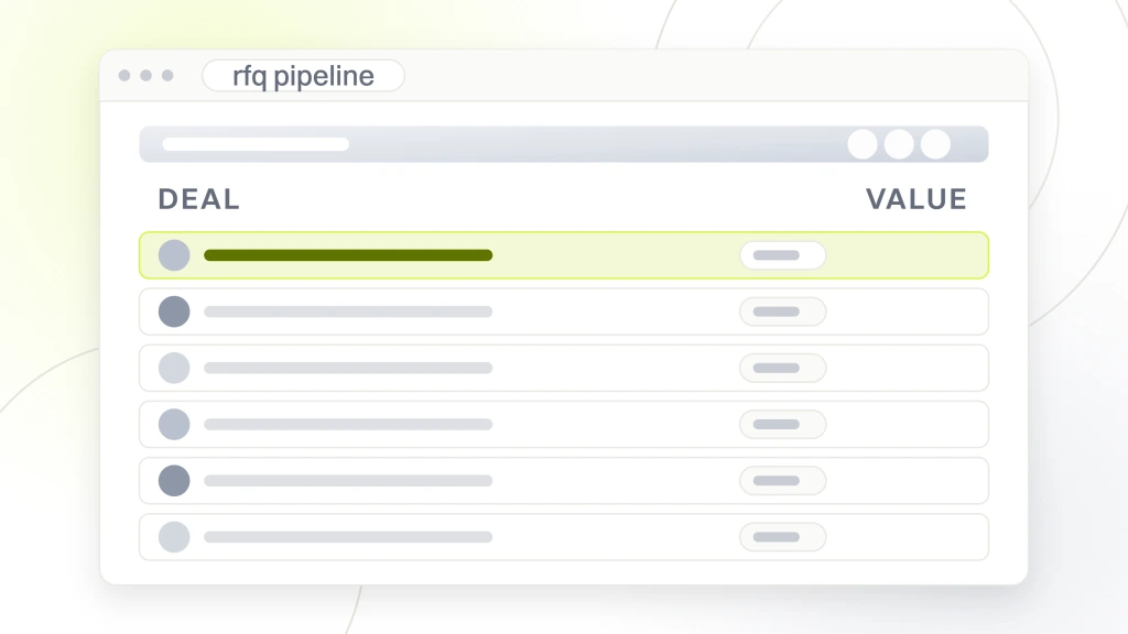 Best manufacturing marketing agency. A deals window listing six request for quote rows, each with a stage tag and a value column, the first one highlighted.