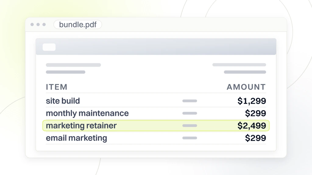 Small Business Website Packages. A quote document in a viewer showing four line items, the site build at $1,299, monthly maintenance at $299, the marketing retainer at $2,499 and email marketing at $299, with the retainer line highlighted.