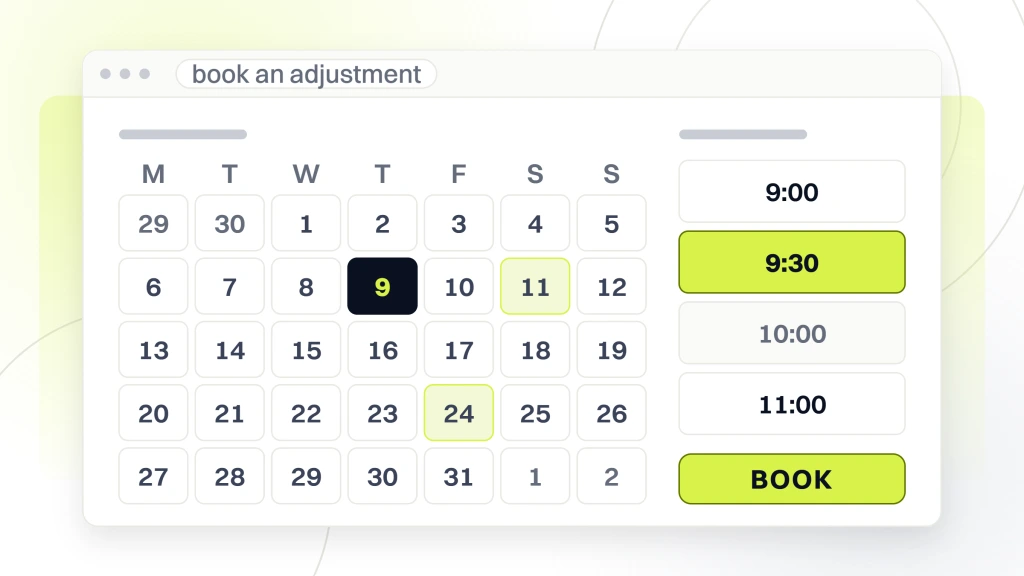 Chiropractic marketing. A booking screen with a month grid, a slot column with one time already gone and the second selected, and the book button under it.