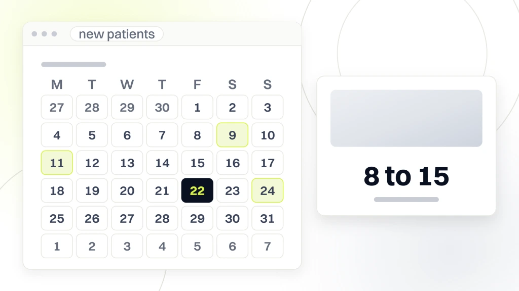 Chiropractor Marketing. A booking calendar month grid with one date selected, beside a panel reading 8 to 15 new booked patients a month.