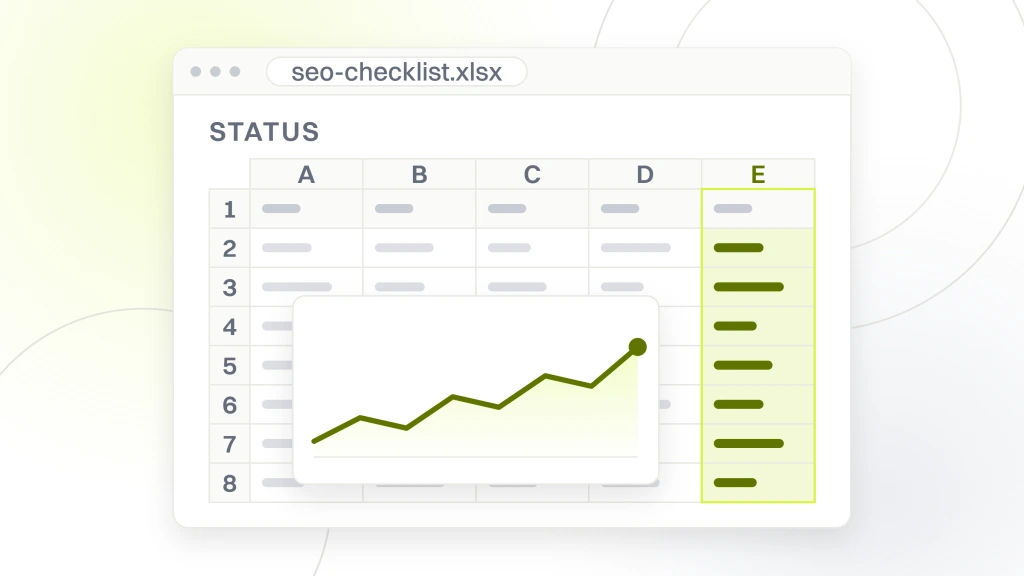 Ecommerce SEO Checklist. A spreadsheet export window with five columns and seven rows of checklist cells and a chart object over them, the read column headed status.