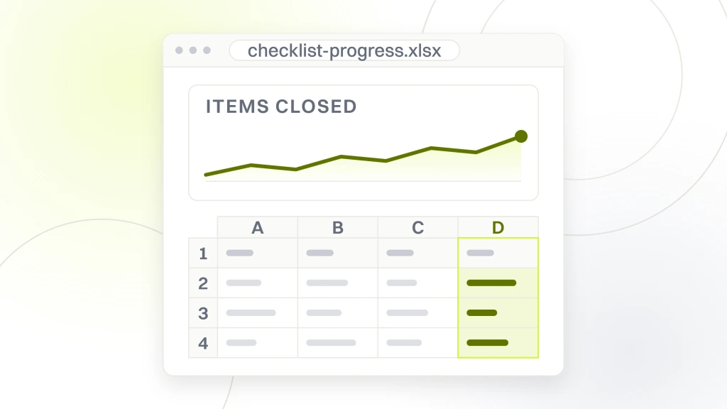 E-commerce SEO checklist. A report window with a column chart at the top and the table of cells it was built from underneath, the read column headed items closed.