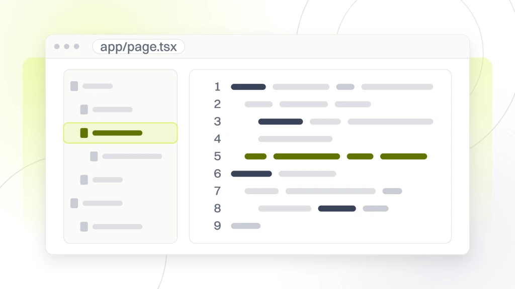 Custom Web Development for Startups. An editor window with a file tree down the left and a code pane open on app slash page dot tsx, nine lines of token runs with the fifth line highlighted.