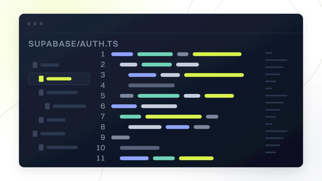 A dark syntax pane titled supabase slash auth dot ts, eleven lines of colored token runs with two lines marked as additions and one as a deletion in the gutter, from a guide to custom Web Development for Startups.