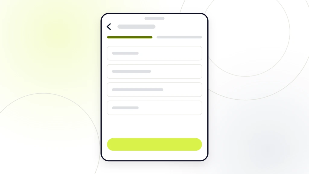 Meta Ads Lead Generation. A handset showing a lead form of five fields with a step indicator above them and a lime submit button at the foot.