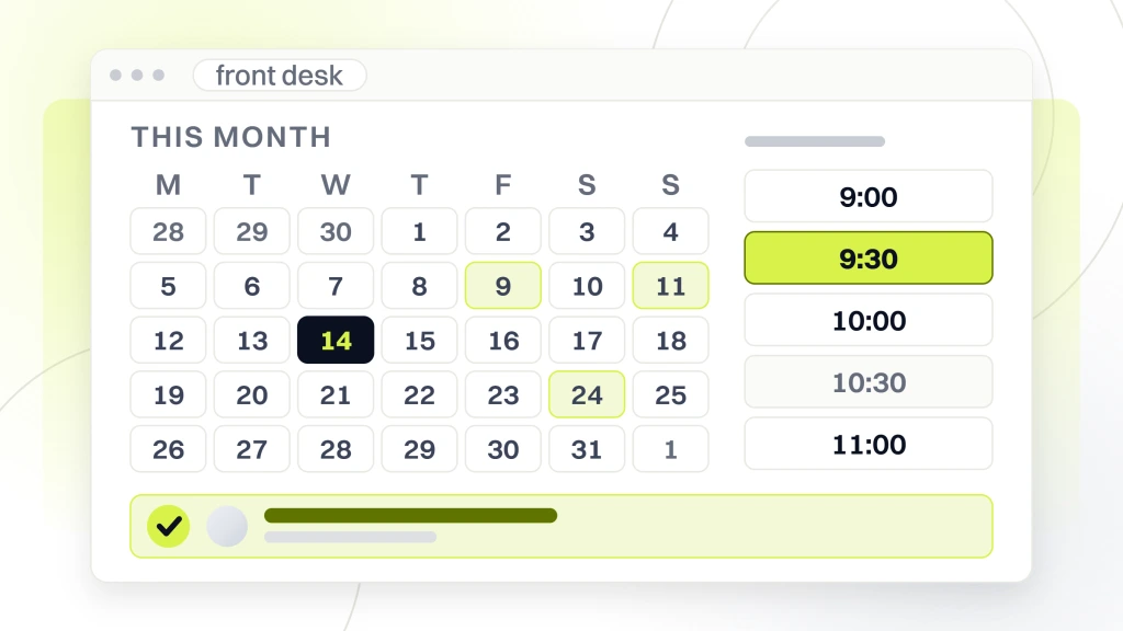 Dental offers for new patients. A booking screen showing a month grid with one date selected and a column of times with one already taken, and the confirmed appointment card beneath them.