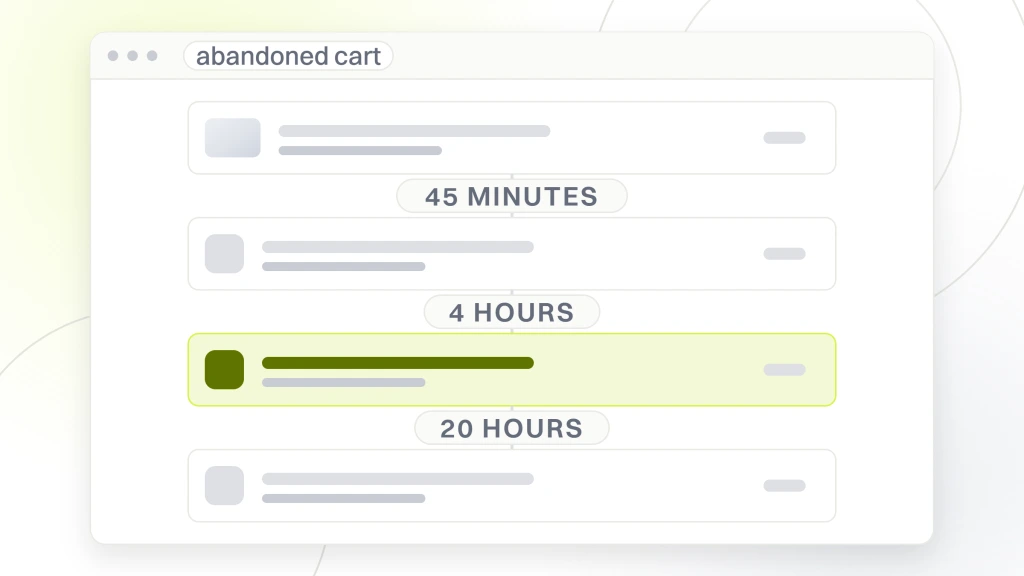 Email Marketing for Food Brands. A sequence builder window with four step cards joined by wait markers reading 45 minutes, 4 hours and 20 hours, the third card highlighted as the live step.