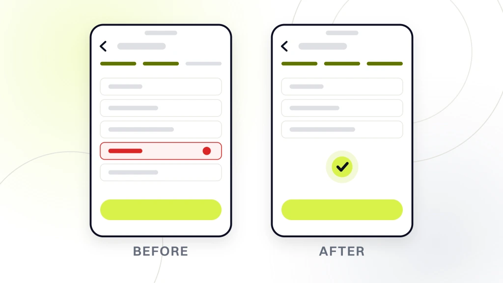 Food and Beverage Marketing. Two checkout windows side by side labeled before and after, the left with five form fields and one failing, the right with three fields and a confirmation tick.