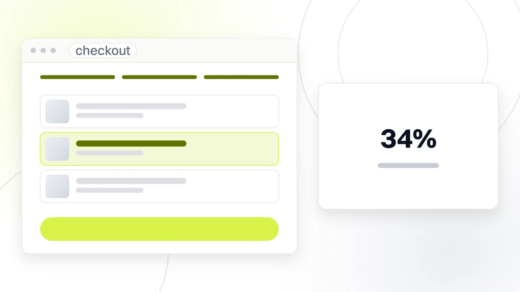 A checkout window on the payment step with three cart lines, the middle one highlighted, beside a panel reading 34% subscribe enrollment, from a guide to food and Beverage Marketing.