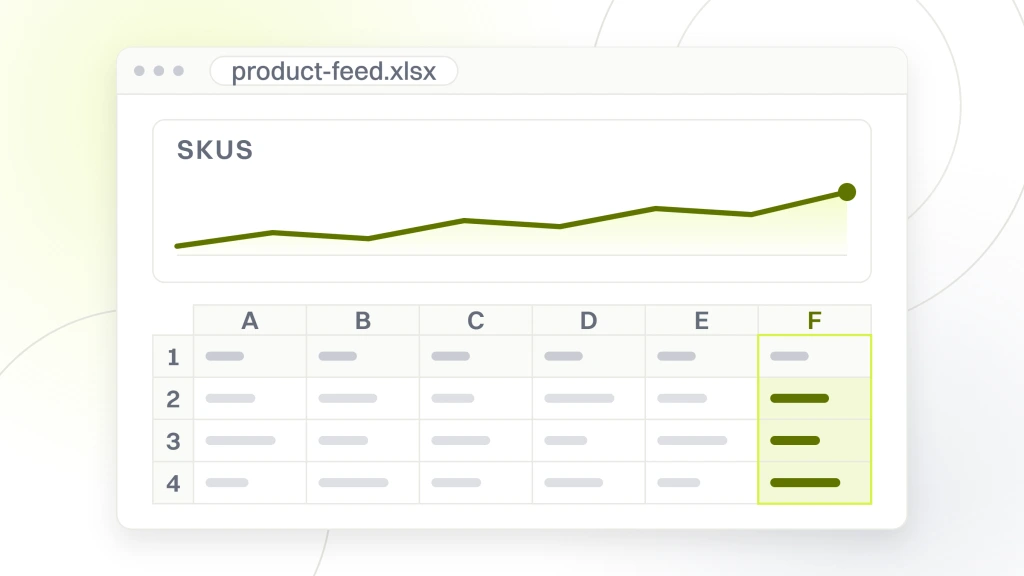 Google Shopping Ads Management. A spreadsheet window with a chart across the top and the grid of feed rows and attribute columns it was built from underneath.