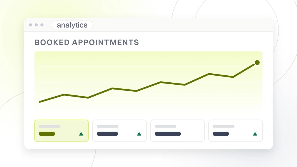 Healthcare Web Marketing. An analytics window headed booked appointments, showing a rising line over a gradient plot band with four metric tiles beneath it.