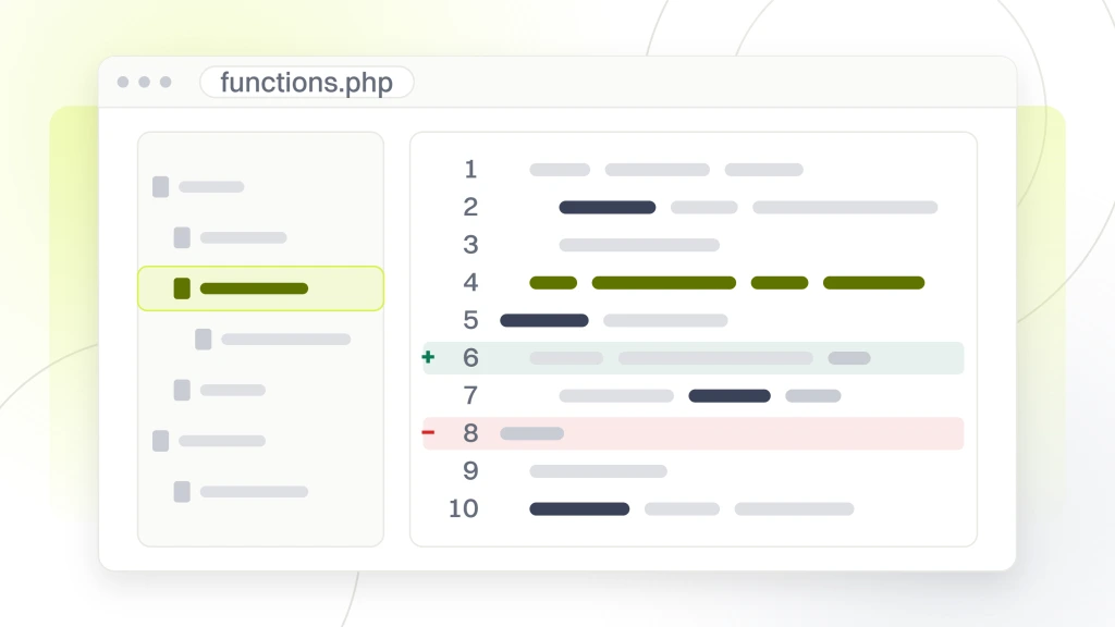 A code editor with a file tree on the left and a pane of token runs on the right, one line highlighted and a diff gutter marking one addition and one deletion, from a guide to healthcare Website Maintenance Checklist.