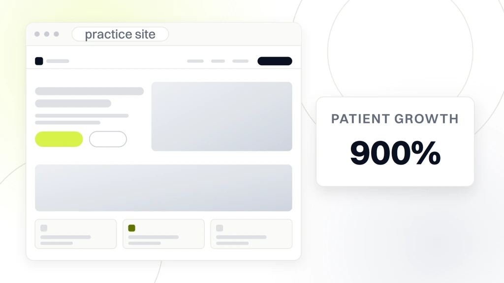 Healthcare Website Redesign. A rebuilt practice site in browser chrome with a phone build in front of it, beside a card reading patient growth 900%.