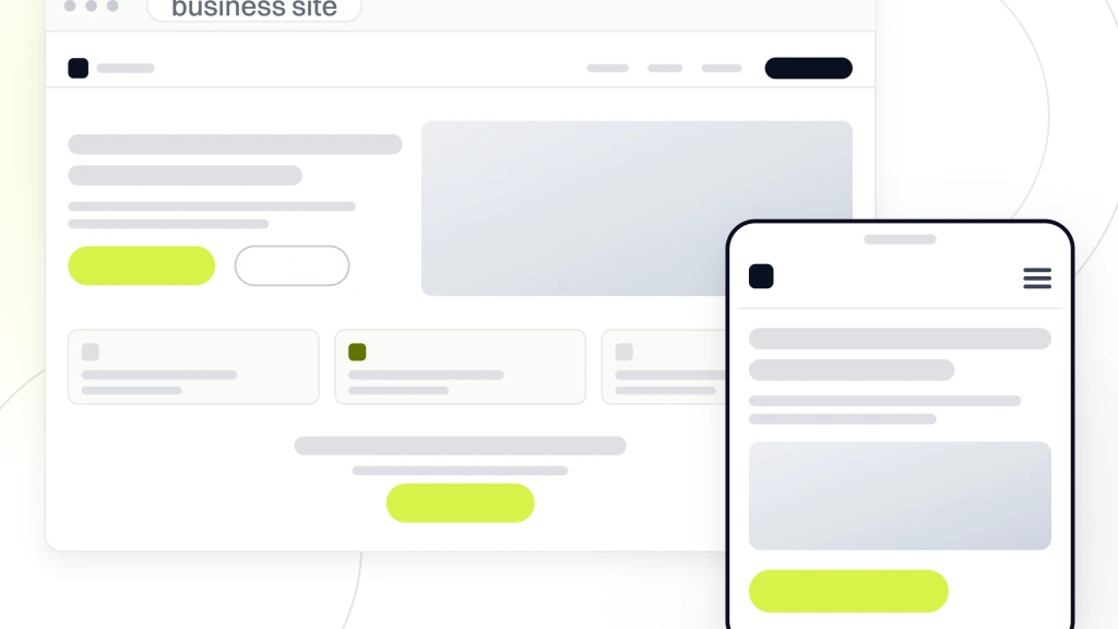 WordPress Website Development Cost. A finished business site drawn in browser chrome with a navigation bar, a hero carrying photography, a row of cards and a call to action, with a phone build in front of it.