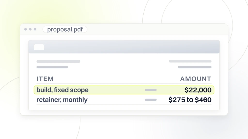 Choose a web design and development company. A proposal document with an addressed block and two lines, a fixed scope build at $22,000 highlighted and a monthly retainer at $275 to $460.