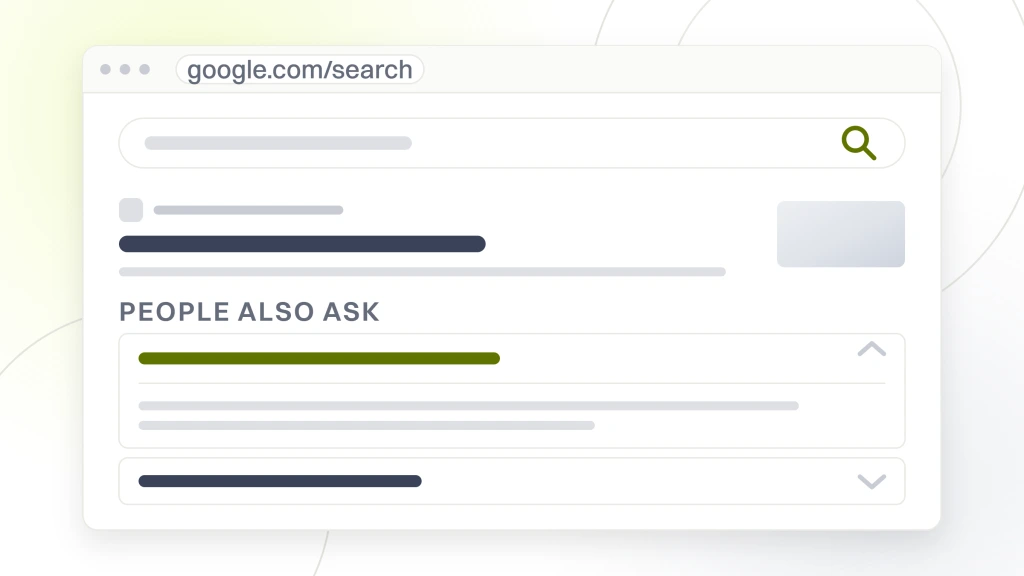 Natural search engine optimization services. A search results page with one organic listing and a people also ask block under it, the first question open and showing two lines of answer.