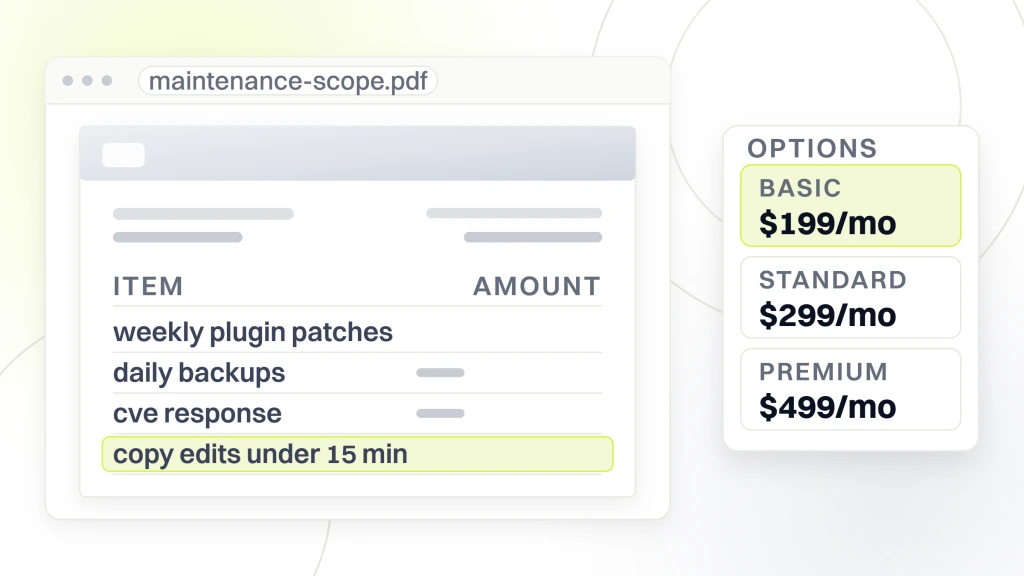 Outsource Dental Website. A quote document listing maintenance tasks beside an options card holding three tiers, basic at $199 a month selected, standard at $299 a month and premium at $499 a month.