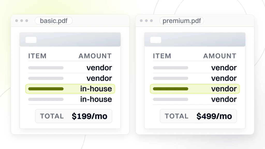 Dental Website Maintenance. Two quote documents side by side, the basic sheet totalling $199 a month with copy edits and team member adds marked in-house, the premium sheet totalling $499 a month with the same rows marked vendor.